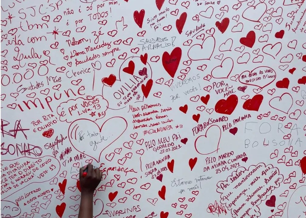 Painel branco com mensagens escritas em vermelho