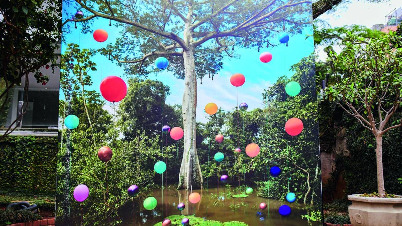 "Amazônia, Lago Janauari, Árvore Samaúma" (2022), na Casa das Rosas. Fotografia de grande árvore amazônica envolta por balões coloridos