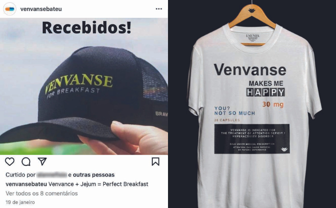venvanse À esquerda, página do Instagram vendendo boné escrito
