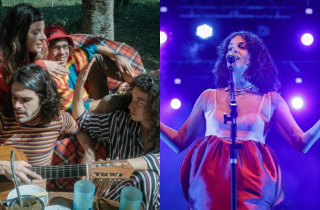 Duas imagens. À esquerda, quatro pessoas rindo. À direita, mulher de vestido cantando em palco