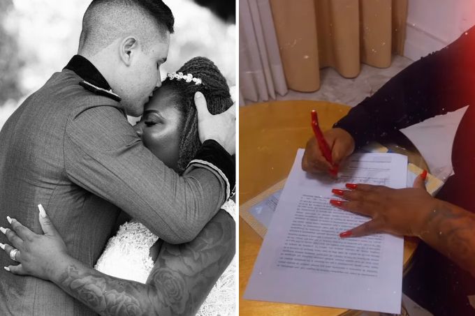 Montagem com foto do casamento de Jojo e Lucas e foto de Jojo assinando o divórcio