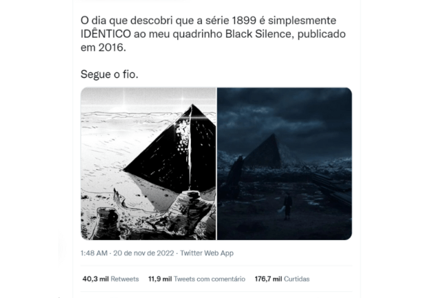 A cartunista em relato no Twitter A cartunista em relato no Twitter em que mostra uma pirâmide de sua série semelhante ao da obra lançada pela Netflix