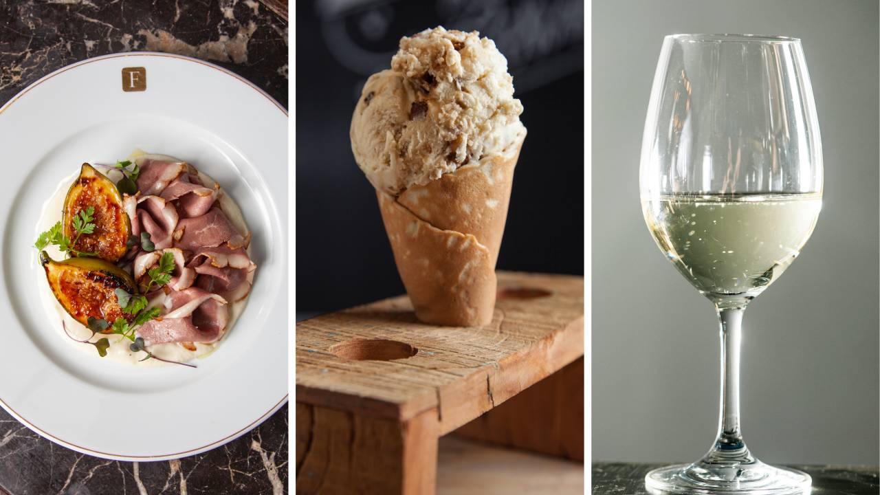 um prato, um sorvete e uma taça de vinho branco
