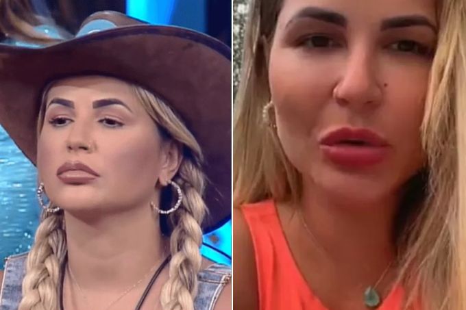 Montagem com fotos de Deolane na Fazenda e de print de live feita em seu perfil após saída