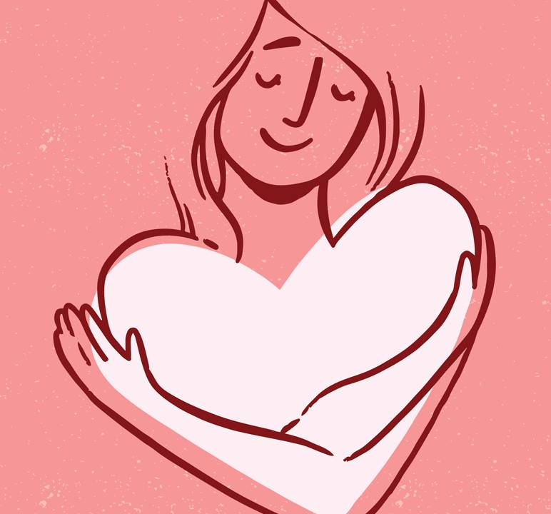 Ilustração mostra mulher se abraçando sorrindo