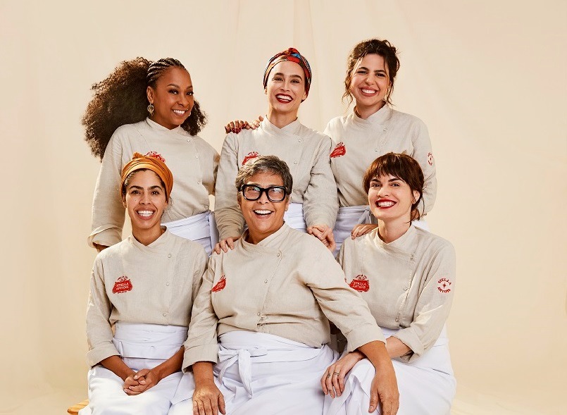 Na foto, as chefs: Bela Gil, Kátia Barbosa, Cafira Foz, Andressa Cabral, Bel Coelho e Bruna Martins, embaixadoras do Juntas na Mesa