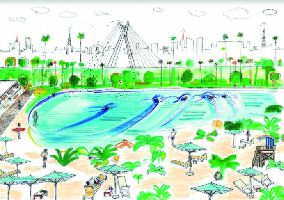 são paulo surf club Esboço de praia artificial ao lado da Marginal Pinheiros
