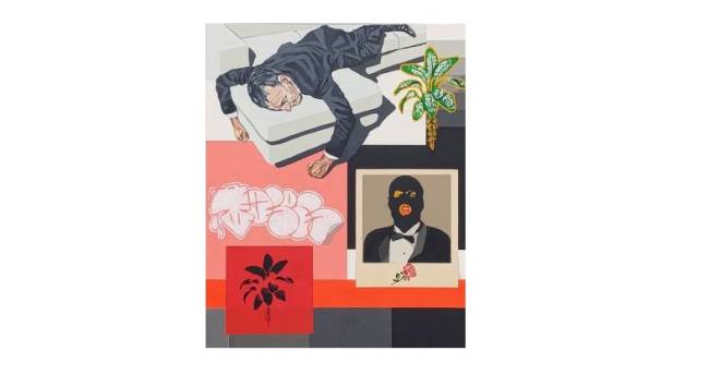 Montagem Salão sem Galeria Zipper 2023 Tela pintada com diversos elementos independentes em setores quadrados e retangulares como um homem deitado num sofá trajando terno e um homem de smoking trajando uma balaclava
