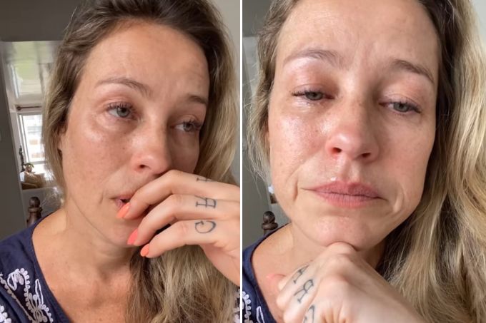 Montagem com duas fotos de mulher loira chorando e com semblante triste