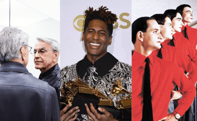 Três imagens. À esquerda, homem grisalho olhando no espelho. Ao centro, homem segurando diversas estatuetas do Grammy nos braços, rindo; à direita, quatro homens de perfil com ternos vermelhos