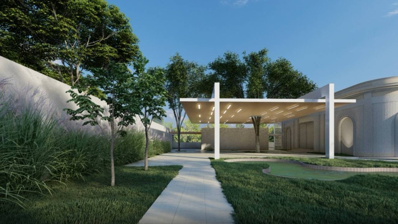 Imagem 3D exibe jardim, passarela cinza e entrada em casa moderna com vidraças.