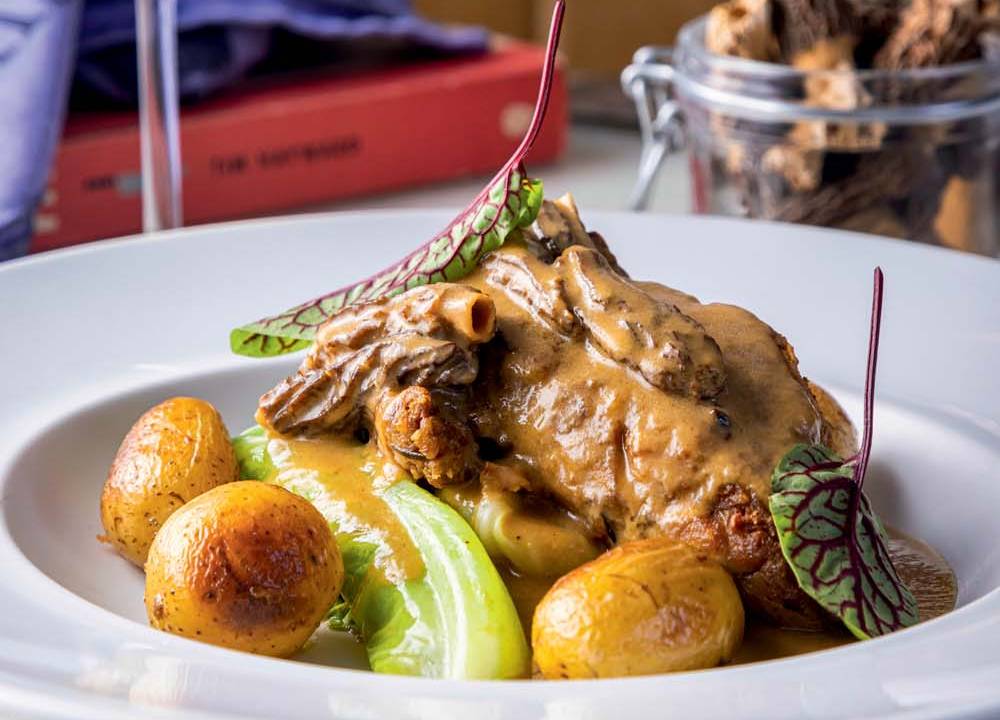 Timo ao molho de cogumelos morilles em prato de porcelana ao lado de taça de vinho tinto