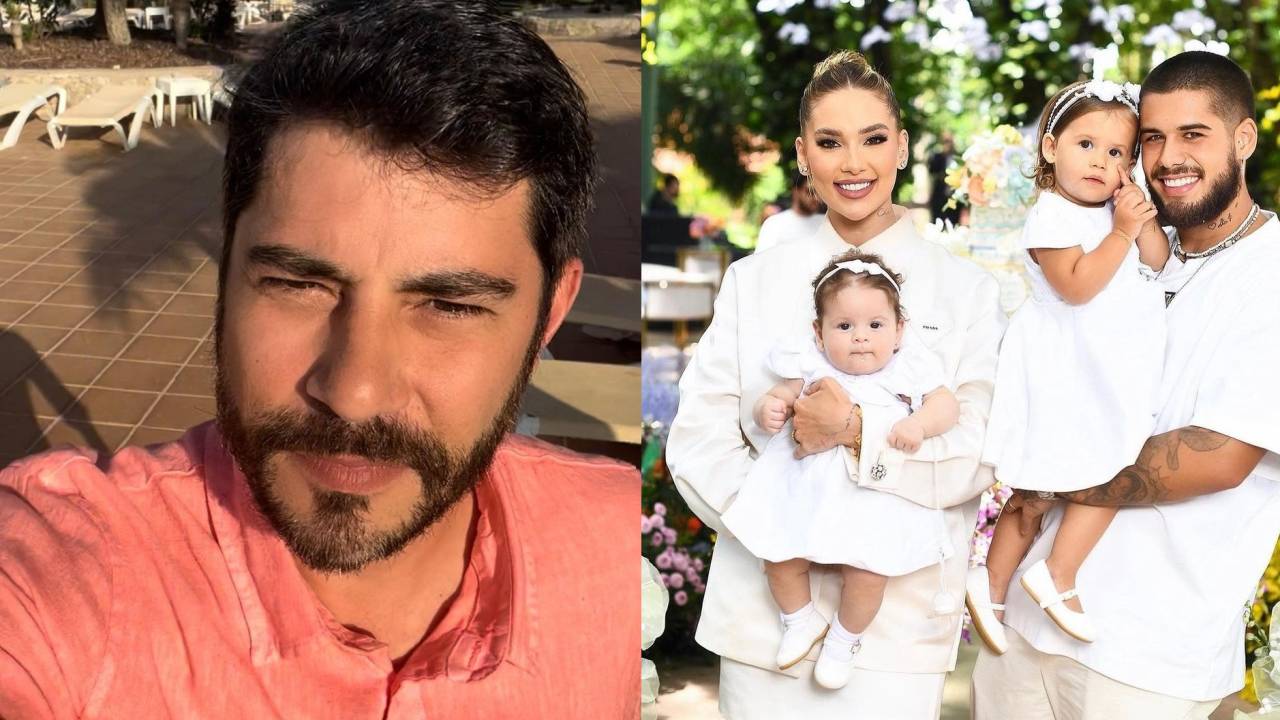 Foto de jornalista branco, de cabelos e barba pretos, vestindo camisa laranja, e outra foto com Virginia, Zé Felipe e as filhas em local aberto, todos vestindo branco