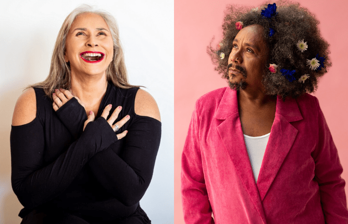 Imagem mostra mulher rindo ao lado de homem, com terno rosa e flores no cabelo