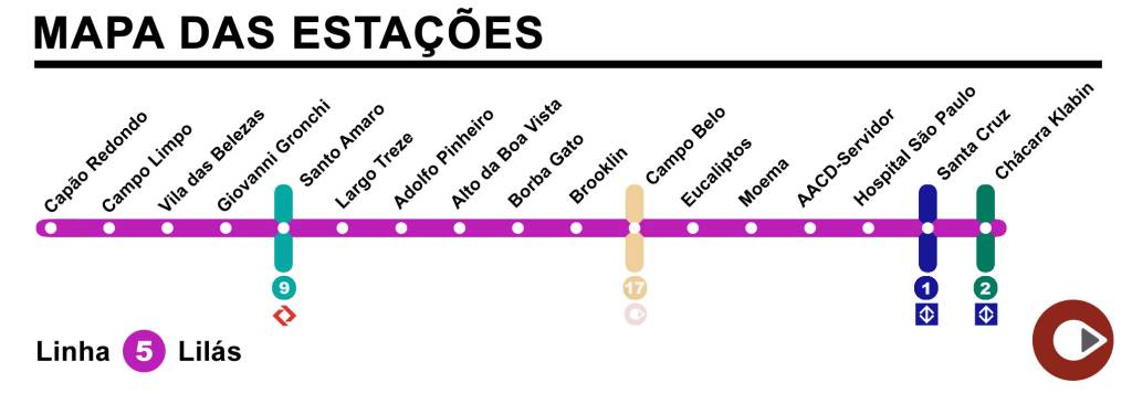 Linha 5-Lilás Imagem mostra mapa de linha do metrô