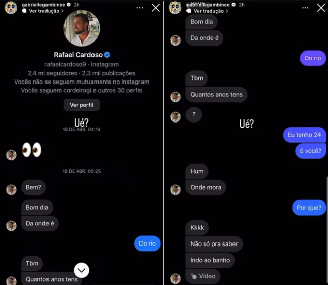 prints no print, o ator pergunta de onde ela é. ela responde que é do rio. depois, ele pergunta quantos anos ela tem e ela responde que tem 24. na sequencia, ele pergunta onde ela mora e ela rebate