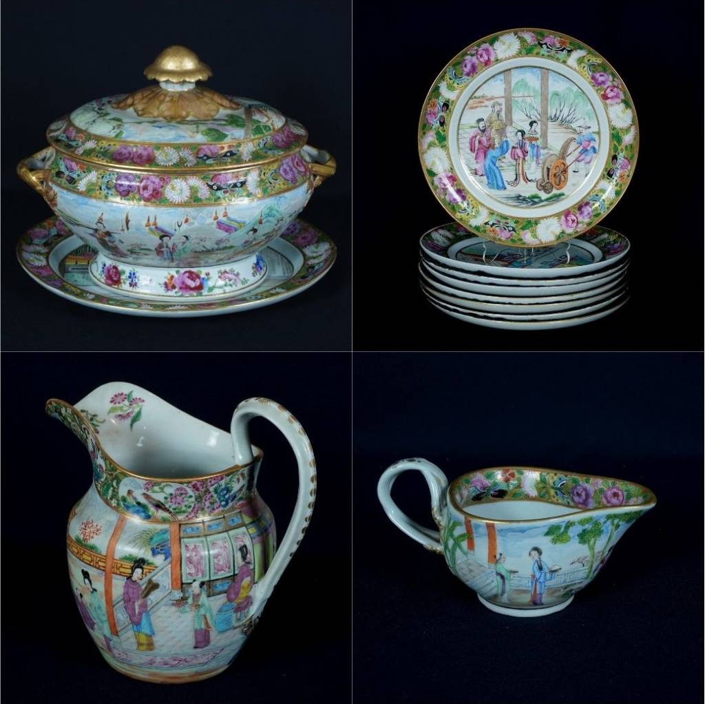 Companhia das Índias (Michael Rodrigues-Divulgação) (1) Foto com quatro peças de porcelana chinesa: em sentido horário, série de pratos, molheira, jarra e travessa.