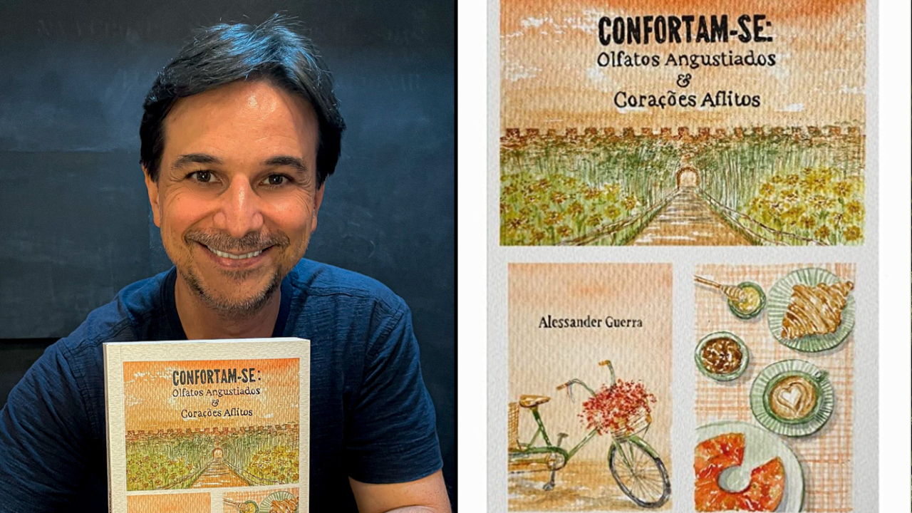 Duas imagens unidades por linha fina preta. À esquerda, homem branco sorrindo segurando livro. À direita, capa do livro Confortam-se: Olfatos Angustiados & Corações Aflitos.