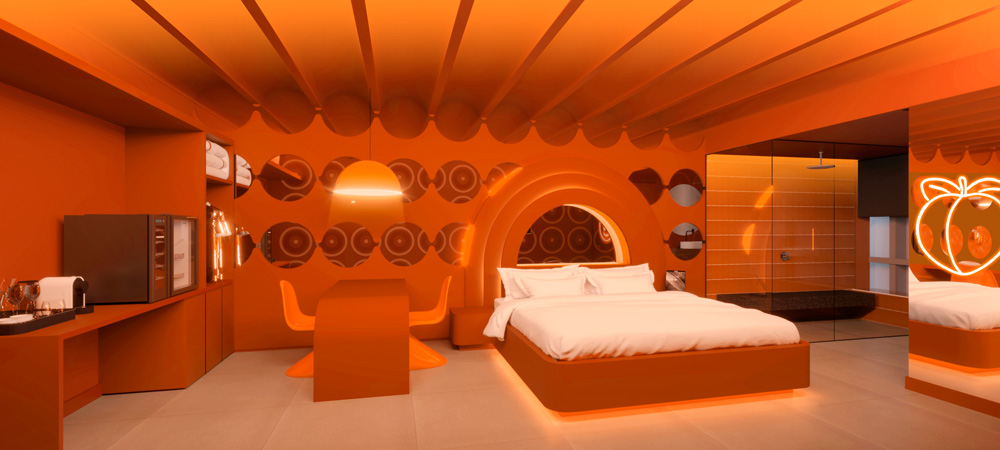Imagem 3D de quarto de motel com luzes alaranjadas.