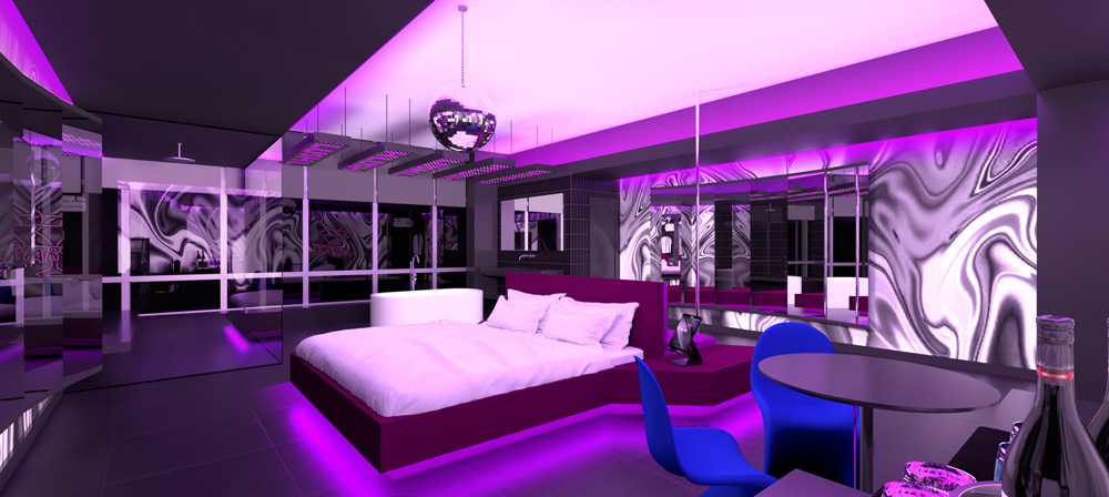 Imagem 3D de quarto de motel com luzes roxas.