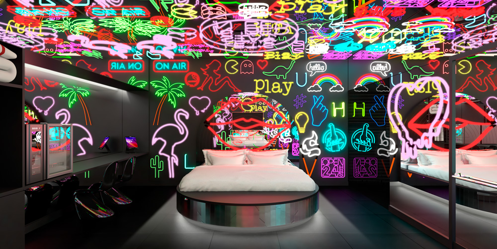 Imagem 3D de quarto de motel repleto de luzes neon.