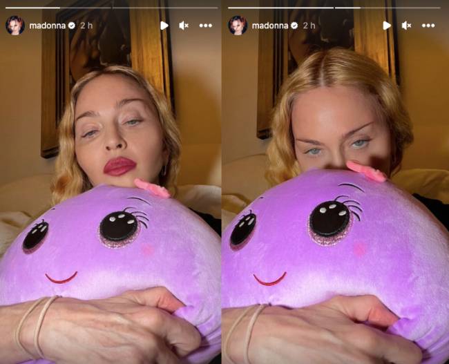 Madonna a cantora madonna abraçada a um polvo de pelúcia