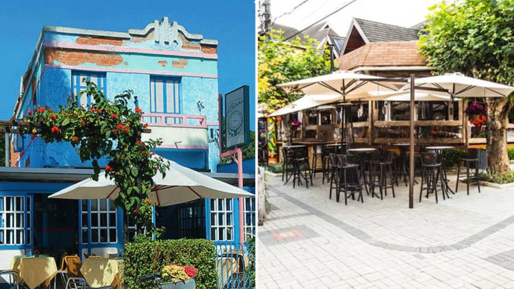 Duas imagens dividas por linha fina branca. À esquerda, faixada azul de casa antiga. À direita, restaurante de esquina com mesas na calçada.