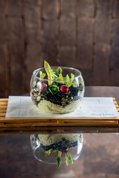 Terrário de minilegumes: com espuma de aspargo verde salpicada de “terra” de azeitona preta desidratada e hortaliças cruas em tamanho míni Terrário de minilegumes: com espuma de aspargo verde salpicada de “terra” de azeitona preta desidratada e hortaliças cruas em tamanho míni