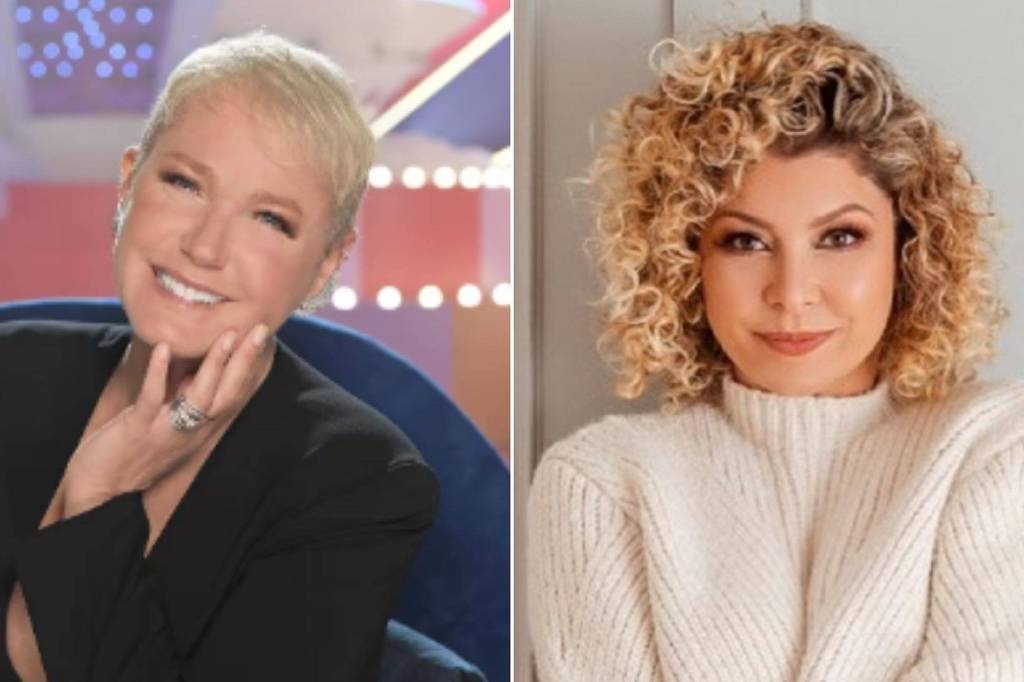 Duas loiras posam em fotos separadas, em montagem. A da esquerda é Xuxa, com mão no rosto e sorriso. A outra tem cabelos encaracolados e dá meio sorriso. Veste suéter branco.