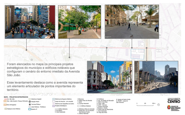estudos são joão Mapa mostra Avenida São João e fotos de pontos-chave da avenida, como o Minhocão, pontos de ônibus e o Vale do Anhangabaú