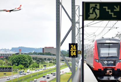 imagem de um trem da cptm e, ao fundo, um avião no céu