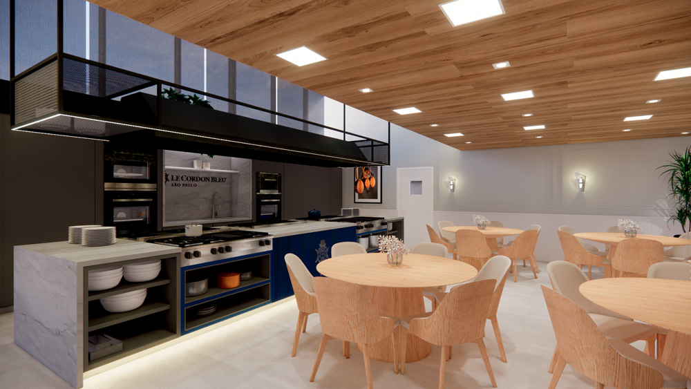 Le Cordon Bleu – Nina Horta – Culinary Village Projeto 3D de cozinha industrial no Le Cordon Bleu.