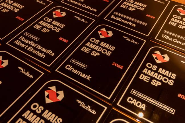 mais amados sp Imagem mostra cerca de 10 placas em mesa. Em casa placa, logotipo da premiação e lê-se: Os mais amados de SP 2023 Cinema: Cinemark Entre outras categorias.