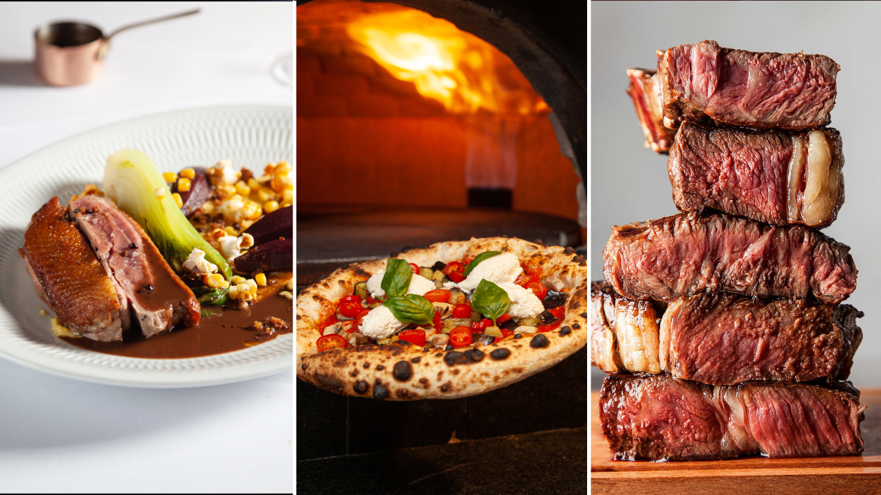 Três imagens divididas por linha fina branca. À esquerda prato com peito de pato ao molho, ao centro pizza saindo do forno a lenha e à direita, fatias de carne ao ponto empilhadas.
