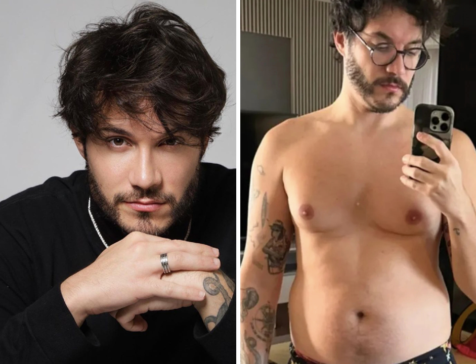 na primeira foto, eliezer posa para a câmera com as mãos próximas ao rosto; na segunda, ele está sem camisa, fazendo uma selfie no espelho mostrando as mamas protuberantes