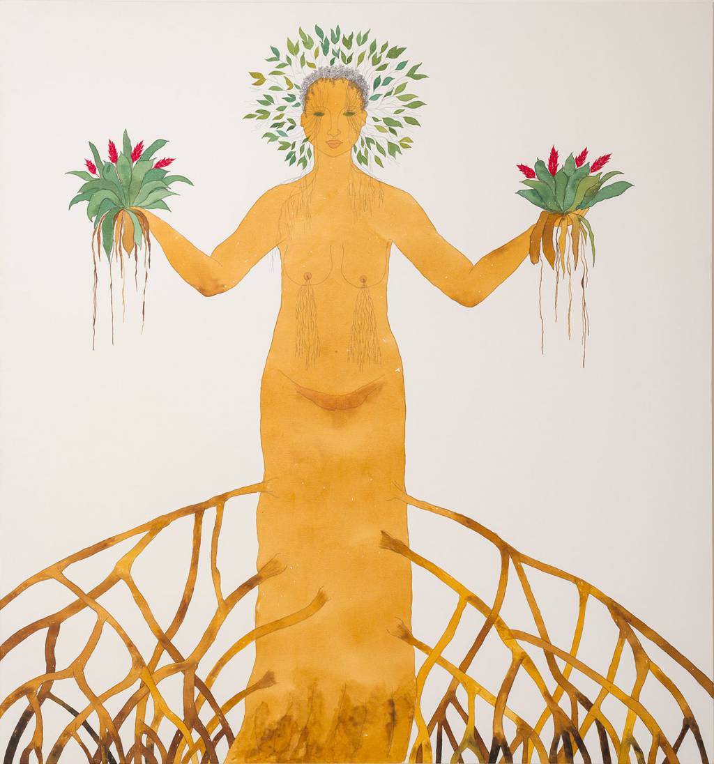 5 – Rosana Paulino (Isabella Matheus-Divulgação) Aquarela exibe mulher em tom amarelo entrelaçada com raízes nos pés e segurando plantas nas duas mãos. Usa uma coroa de folhas.