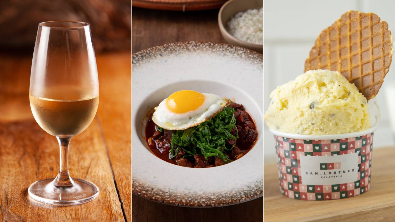 três imagens verticais: à esquerda, taça comprida com vinho branco sobre tampo de madeira, ao centro prato fundo carne com molho coberta por ovo frito, à direita, potinho de sorvete com biscoito.