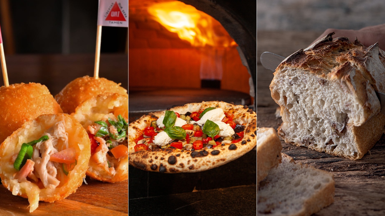 Três fotos retangulares unidas por linha fina branca. À esquerda três bolinhos fritos abertos recheados de carne e salsinha. Ao centro, pizza com tomate e muçarela de búfala saindo do fotno de pizza. À direita, pão de forma sendo cortado.