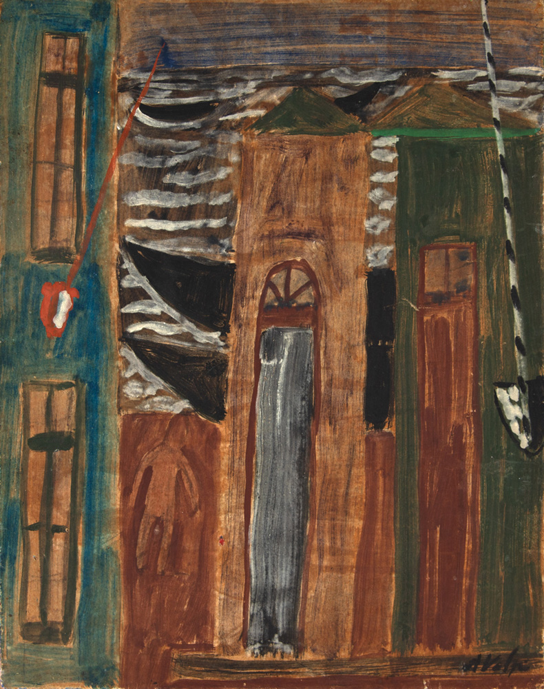 Casas, Mastros, Barcos e Mar, 1944 (Luan Torres-Reprodução) Em tons terrosos, quadro exibe casas, barcos e mar ao fundo.
