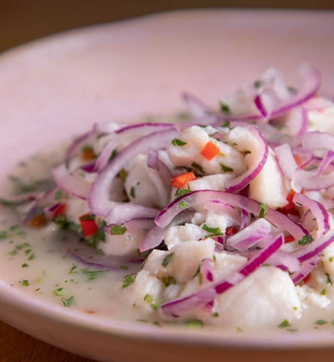 Ceviche coberto por cebola-roxa