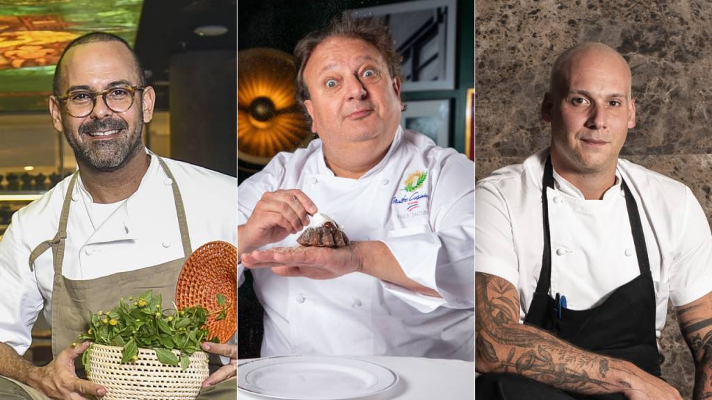 Feira dos Campeões 2023 Três imagens verticais de chefs de cozinha unidas por linha fina branca. À esquerda, homem de óculos, dólmã e avental segurando cesta de palha com legumes. Ao centro, homem fazendo careta de espanto de dólmã com um petit gateau no dorso da mão esquerda. À direita, homem de camiseta branca e avental preto com os braços tatuados.