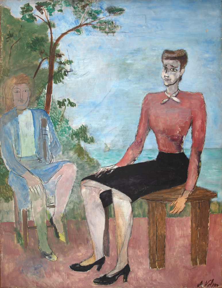 Retrato de Hilde Weber, 1940 (Luan Torres-Reprodução) Quadro exibe retrato de mulher sentada ao lado de outra figura. Obra tem tuns claros e natureza com céu azul ao fundo.