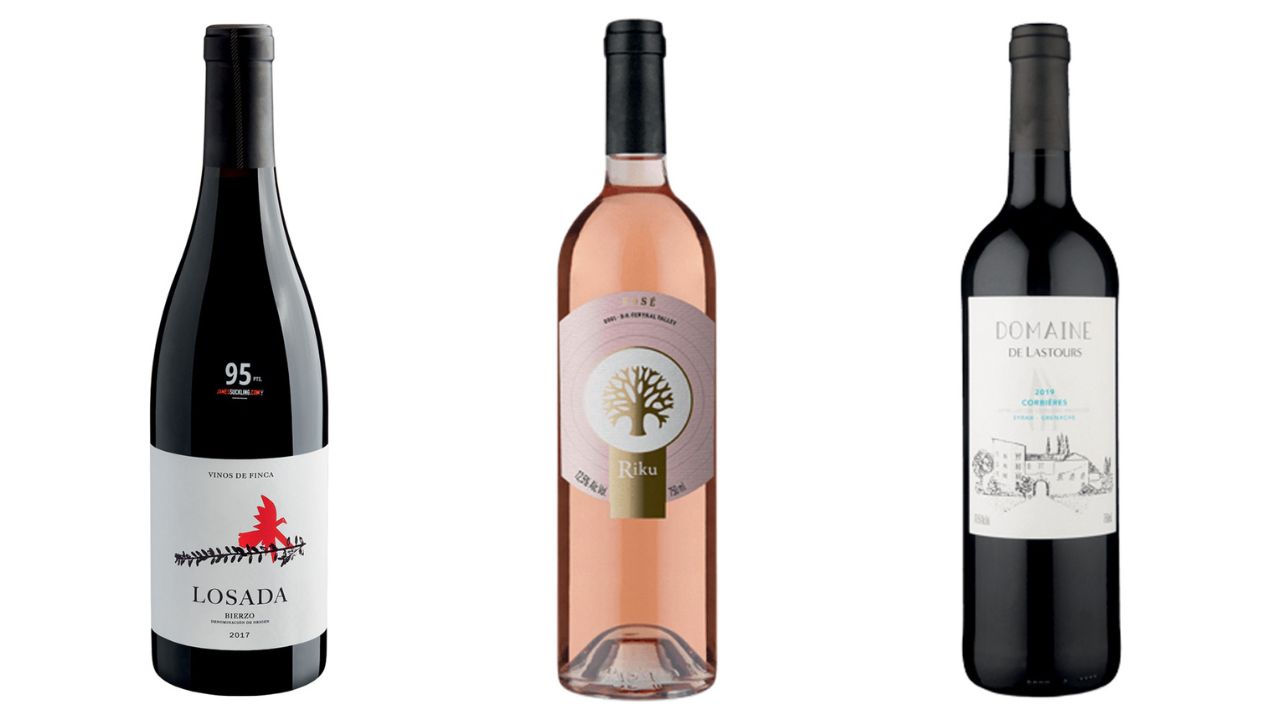 Três garrafas de vinho em fundo branco.