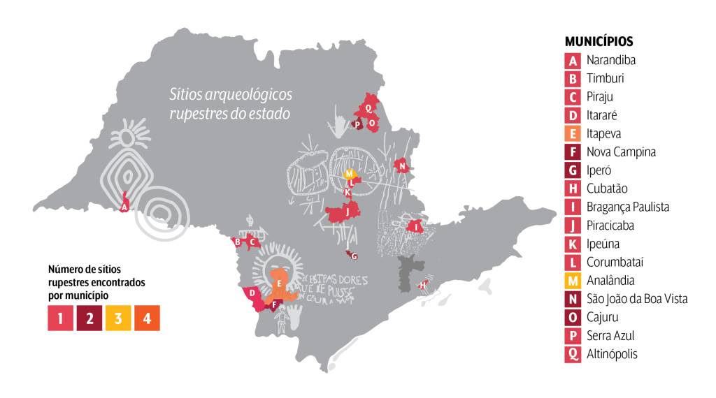estado são paulo mapa arqueológico Imagem mostra mapa do estado de São Paulo com desenhos rupestres sobrepostos em cima de área de municípios onde foram encontrados os sítios arqueológicos