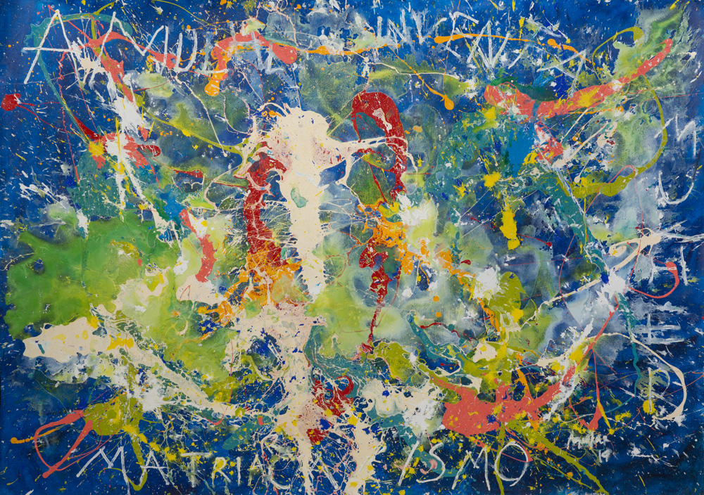AGUILAR_A MULHER INVENTA A MULHER Pintura abstrata com borrões em tons de azul, branco, vermelho, verde e amarelo