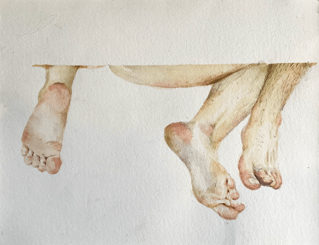 Felipe Basa – Sem Título 03, 2022 Pintura de duas pernas pendendo como se abaixo de um assento