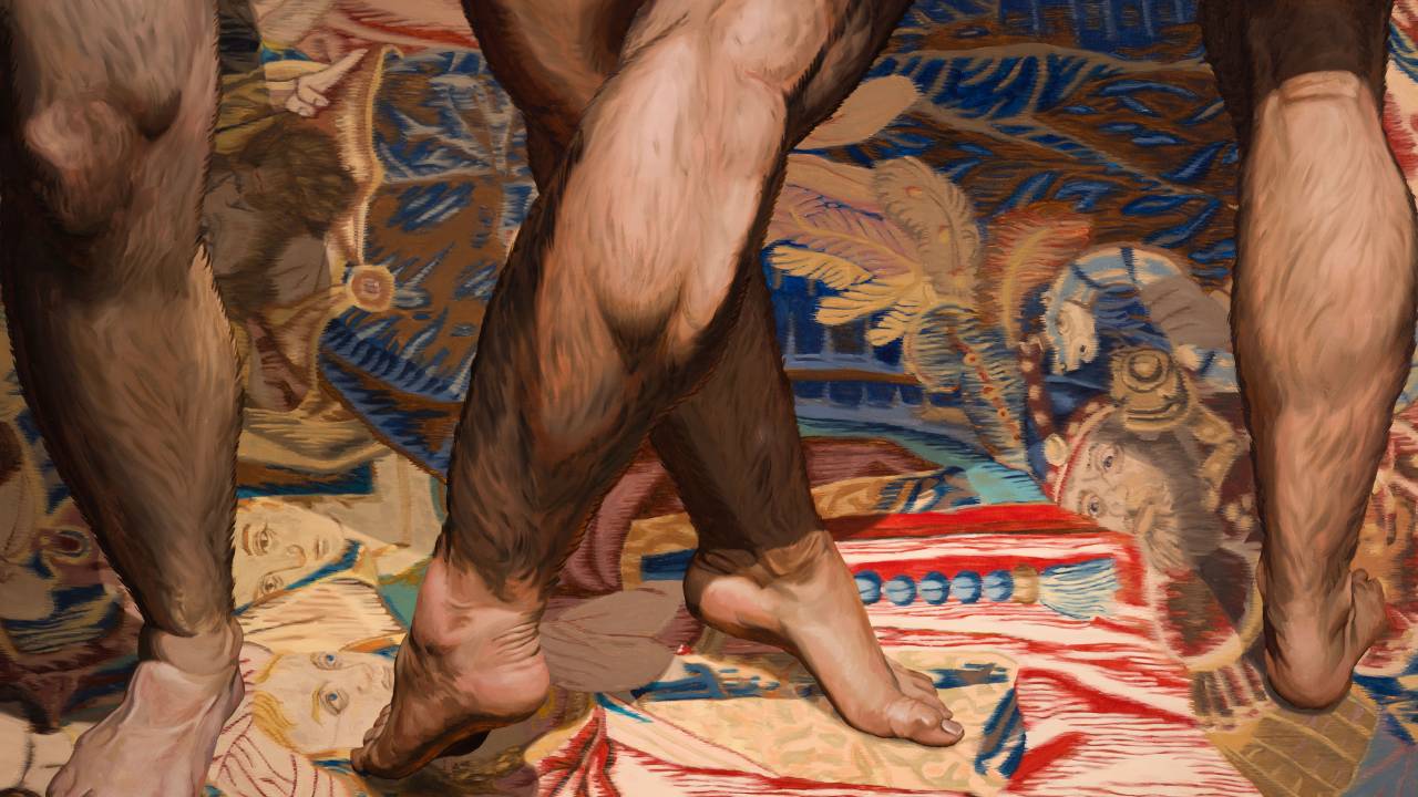 Pintura mostra dois pares de pernas masculinas e tapete colorido