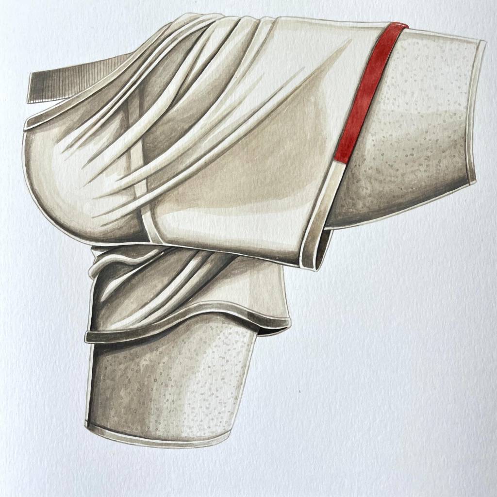 Lucas Elias – Calção N. 27, 2024 Pintura de pernas masculinas vestindo shorts e jockstrap brancos