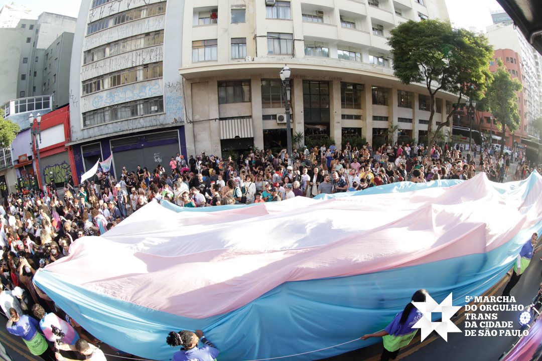 Multidão estende grande bandeira da Marcha Trans