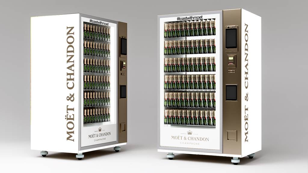 Moet Chandon Projeto 3D de vending machines brancas com minigarrafas de Moët & Chandon